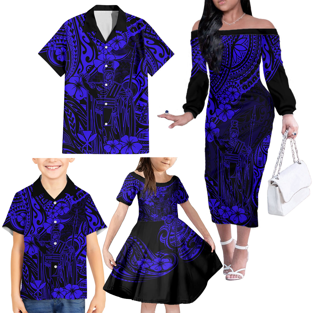Hawaii King Kamehameha Family Matching Off Shoulder Long Sleeve Dress and Hawaiian Shirt Polynesian Pattern Navy Blue Version - Wonder Print Shop
