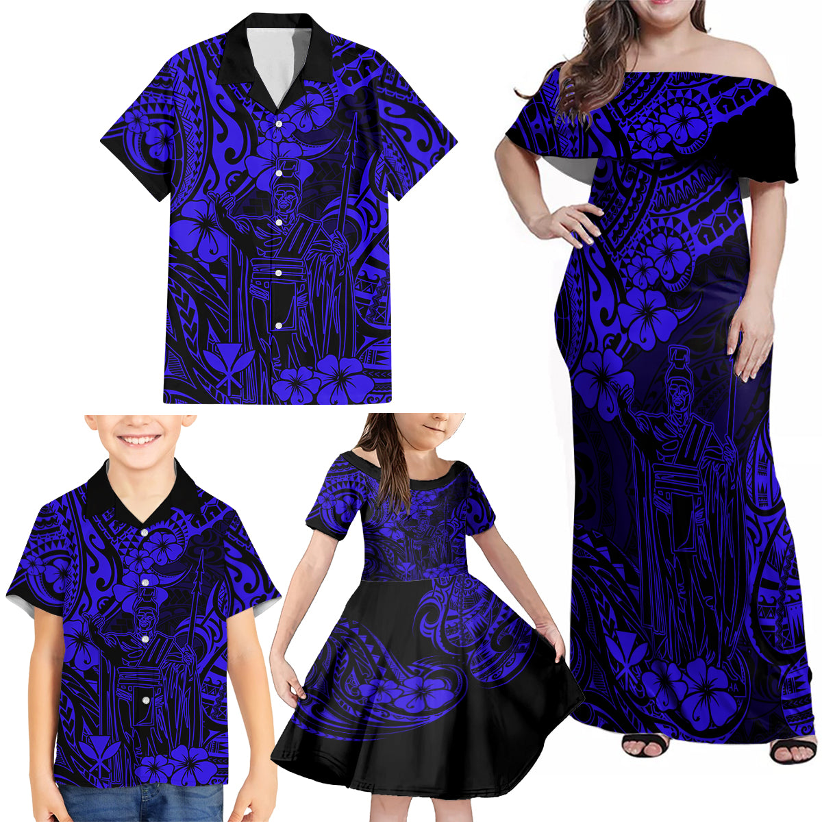 Hawaii King Kamehameha Family Matching Off Shoulder Maxi Dress and Hawaiian Shirt Polynesian Pattern Navy Blue Version - Wonder Print Shop