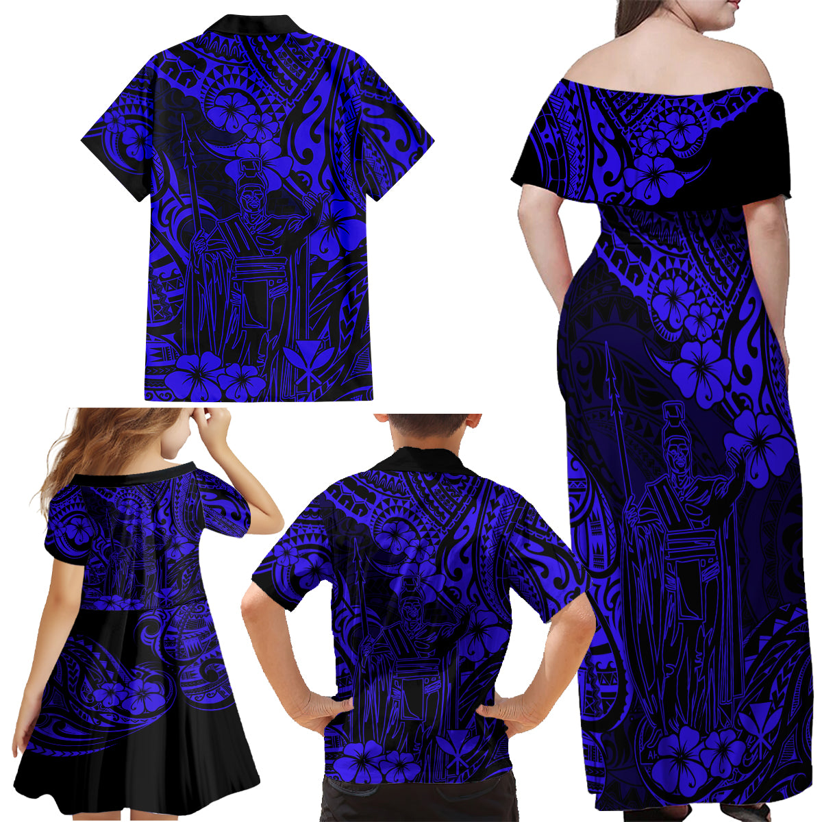 Hawaii King Kamehameha Family Matching Off Shoulder Maxi Dress and Hawaiian Shirt Polynesian Pattern Navy Blue Version - Wonder Print Shop