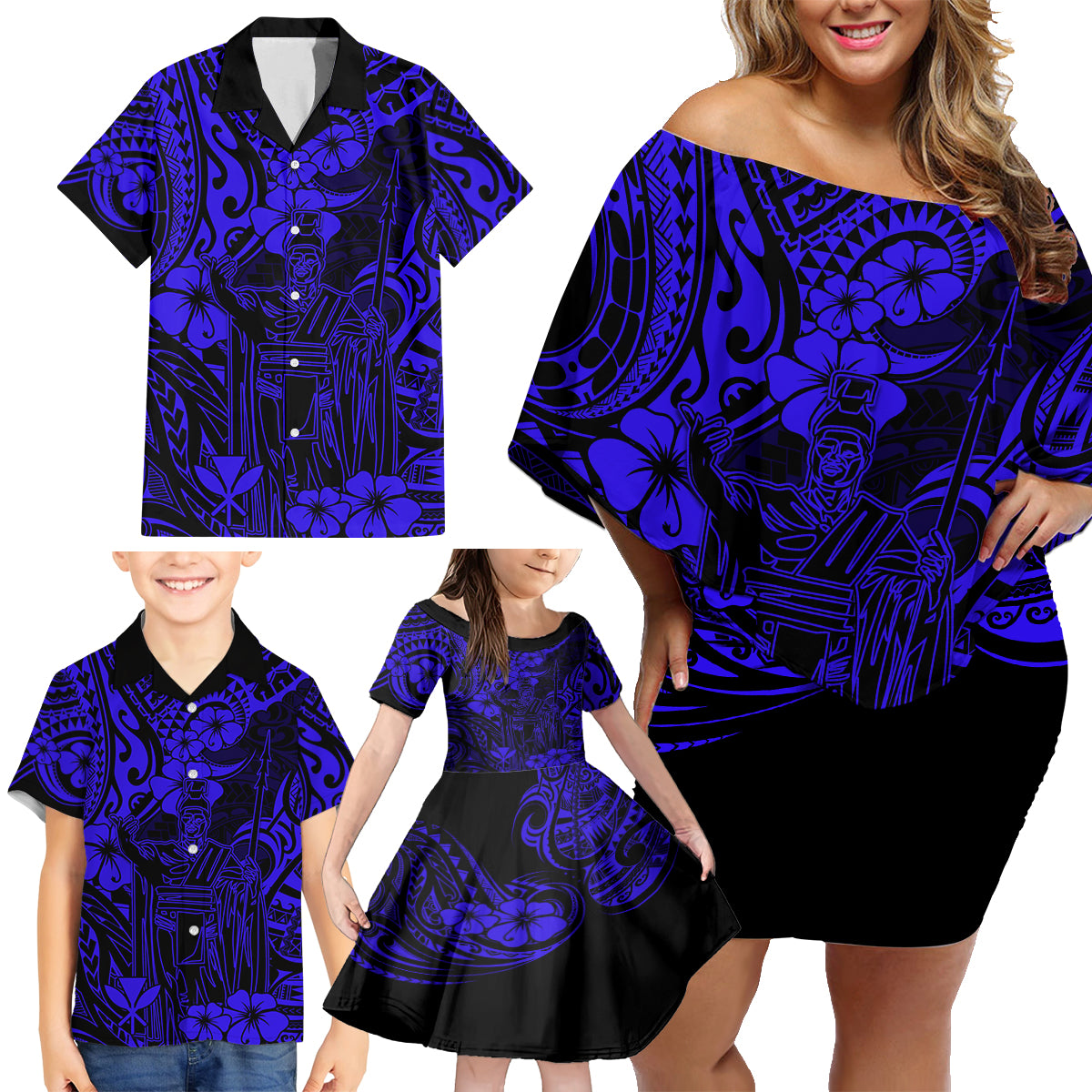 Hawaii King Kamehameha Family Matching Off Shoulder Short Dress and Hawaiian Shirt Polynesian Pattern Navy Blue Version - Wonder Print Shop