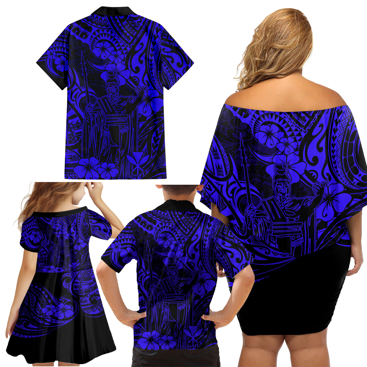 Hawaii King Kamehameha Family Matching Off Shoulder Short Dress and Hawaiian Shirt Polynesian Pattern Navy Blue Version - Wonder Print Shop