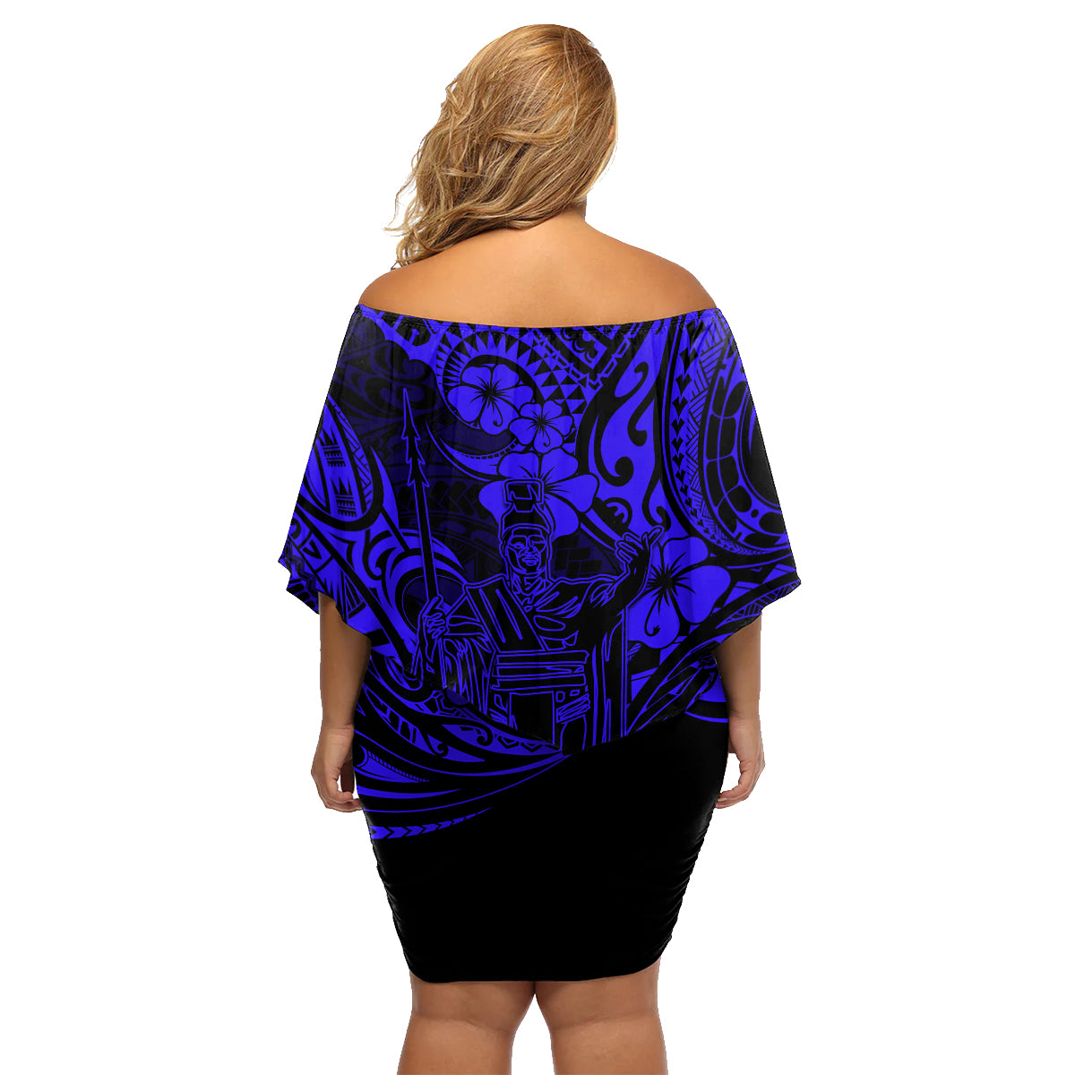 Hawaii King Kamehameha Family Matching Off Shoulder Short Dress and Hawaiian Shirt Polynesian Pattern Navy Blue Version - Wonder Print Shop