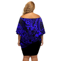 Hawaii King Kamehameha Family Matching Off Shoulder Short Dress and Hawaiian Shirt Polynesian Pattern Navy Blue Version - Wonder Print Shop