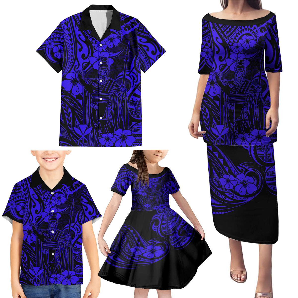 Hawaii King Kamehameha Family Matching Puletasi Dress and Hawaiian Shirt Polynesian Pattern Navy Blue Version - Wonder Print Shop