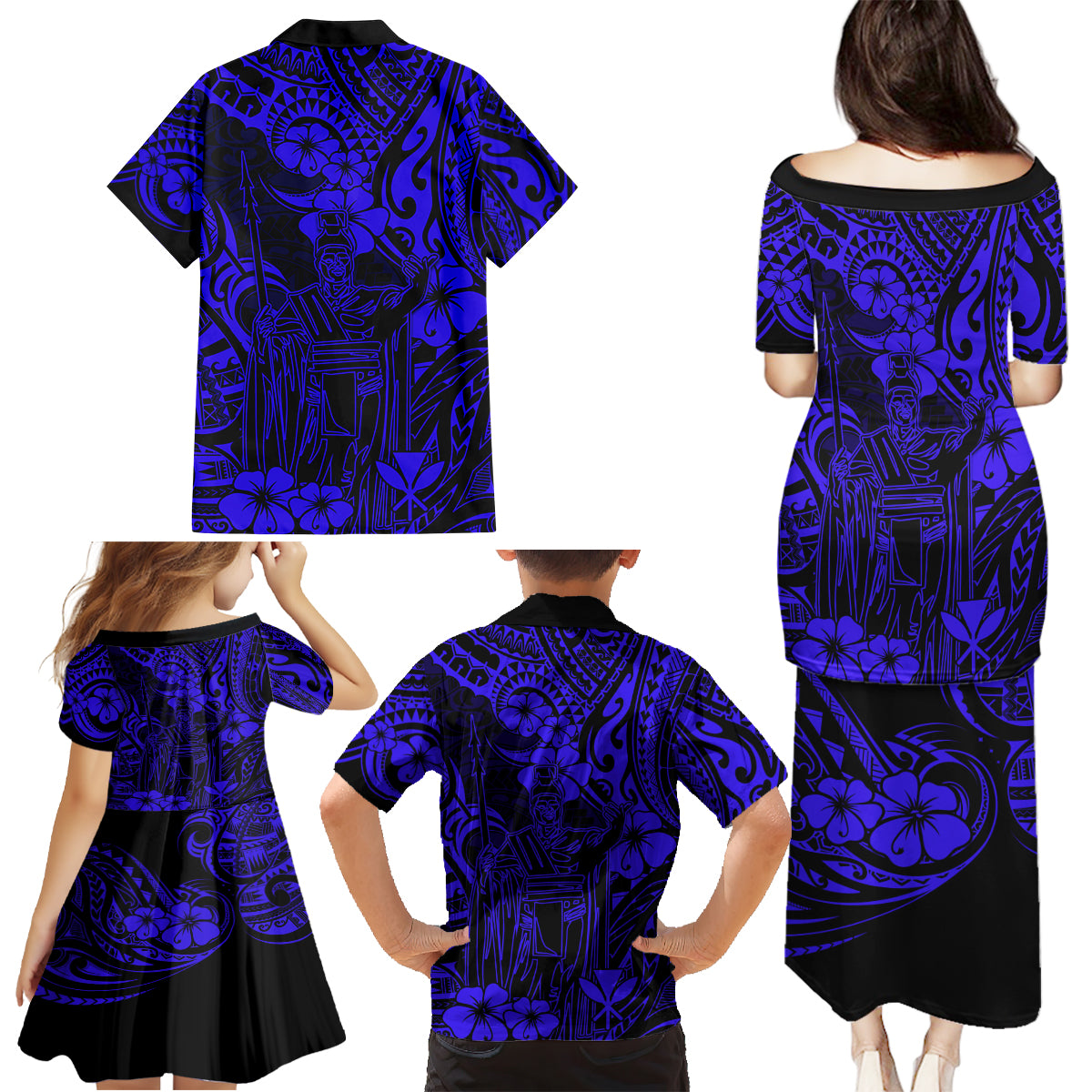 Hawaii King Kamehameha Family Matching Puletasi Dress and Hawaiian Shirt Polynesian Pattern Navy Blue Version - Wonder Print Shop