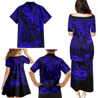Hawaii King Kamehameha Family Matching Puletasi Dress and Hawaiian Shirt Polynesian Pattern Navy Blue Version - Wonder Print Shop