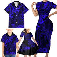 Hawaii King Kamehameha Family Matching Short Sleeve Bodycon Dress and Hawaiian Shirt Polynesian Pattern Navy Blue Version - Wonder Print Shop