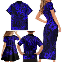 Hawaii King Kamehameha Family Matching Short Sleeve Bodycon Dress and Hawaiian Shirt Polynesian Pattern Navy Blue Version - Wonder Print Shop