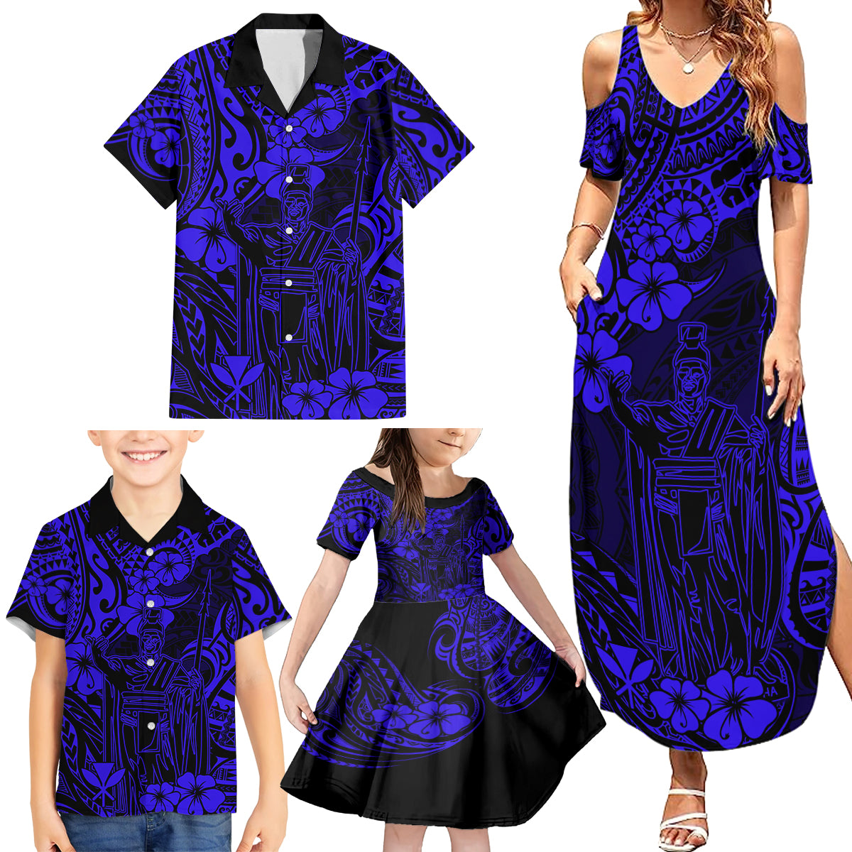 Hawaii King Kamehameha Family Matching Summer Maxi Dress and Hawaiian Shirt Polynesian Pattern Navy Blue Version - Wonder Print Shop