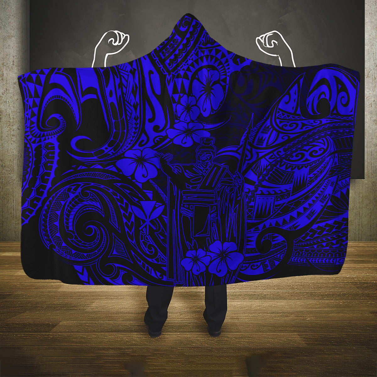 hawaii-king-kamehameha-hooded-blanket-polynesian-pattern-navy-blue-version