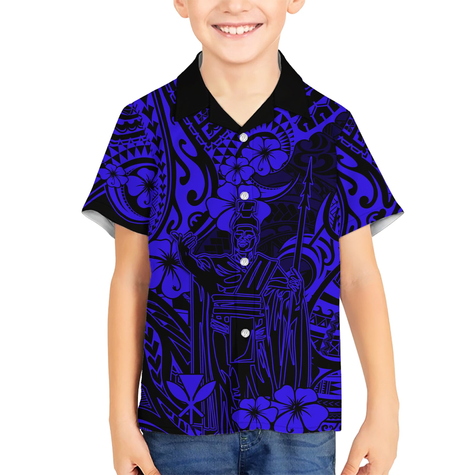 Hawaii King Kamehameha Kid Hawaiian Shirt Polynesian Pattern Navy Blue Version - Wonder Print Shop
