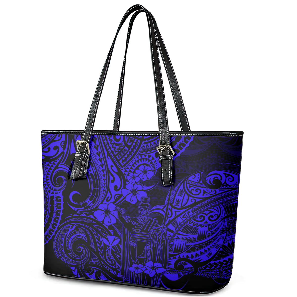Hawaii King Kamehameha Leather Tote Bag Polynesian Pattern Navy Blue Version - Wonder Print Shop