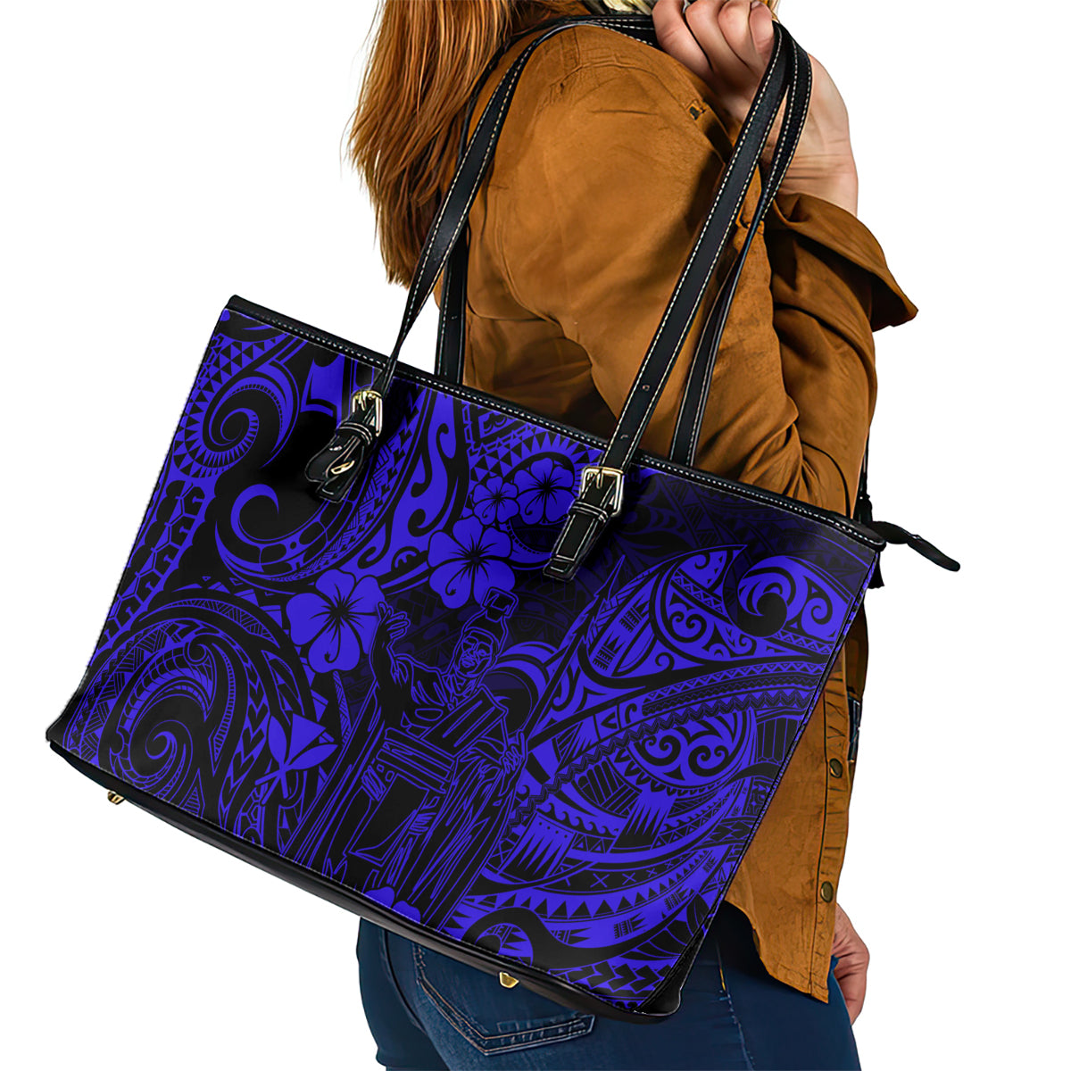Hawaii King Kamehameha Leather Tote Bag Polynesian Pattern Navy Blue Version - Wonder Print Shop