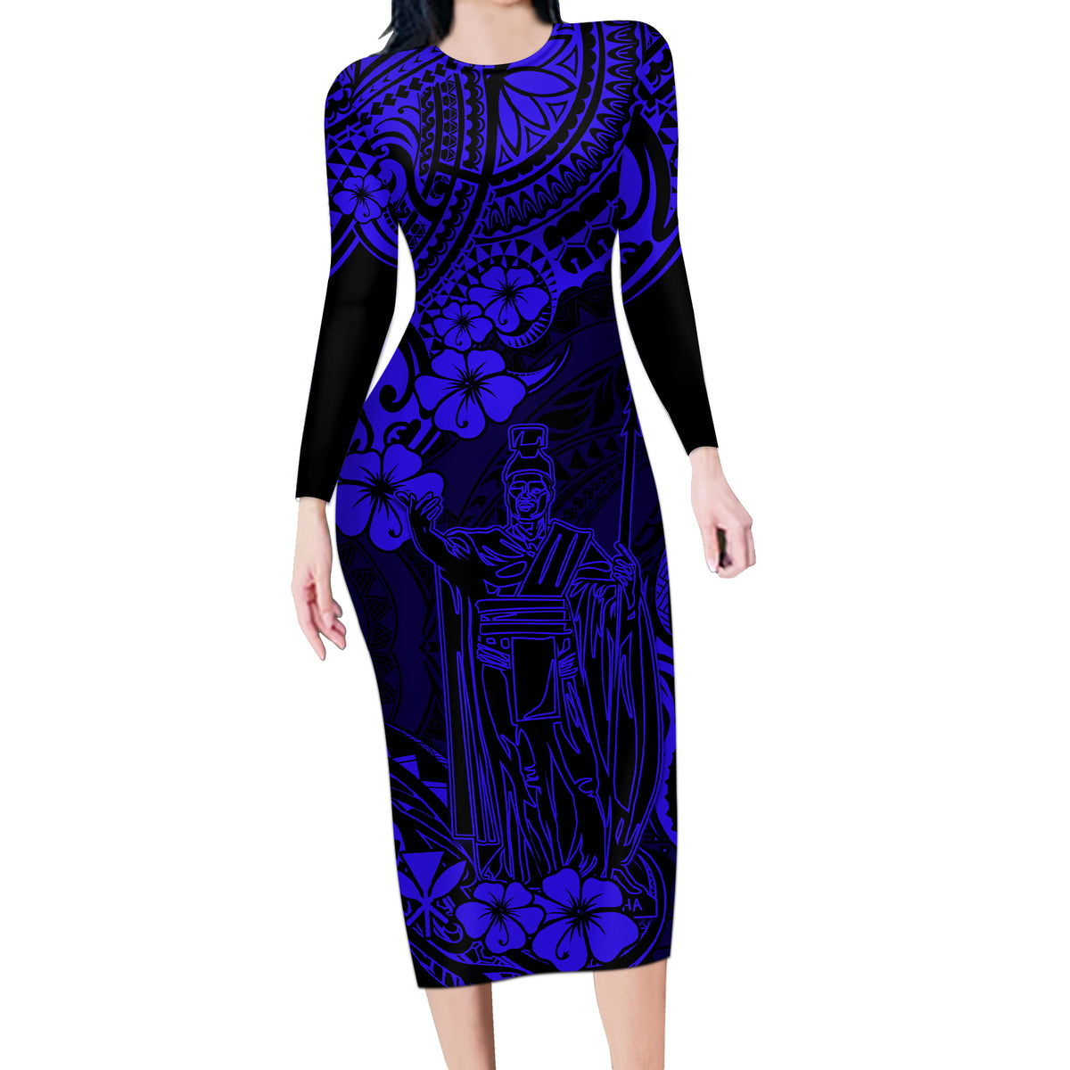 Hawaii King Kamehameha Long Sleeve Bodycon Dress Polynesian Pattern Navy Blue Version - Wonder Print Shop