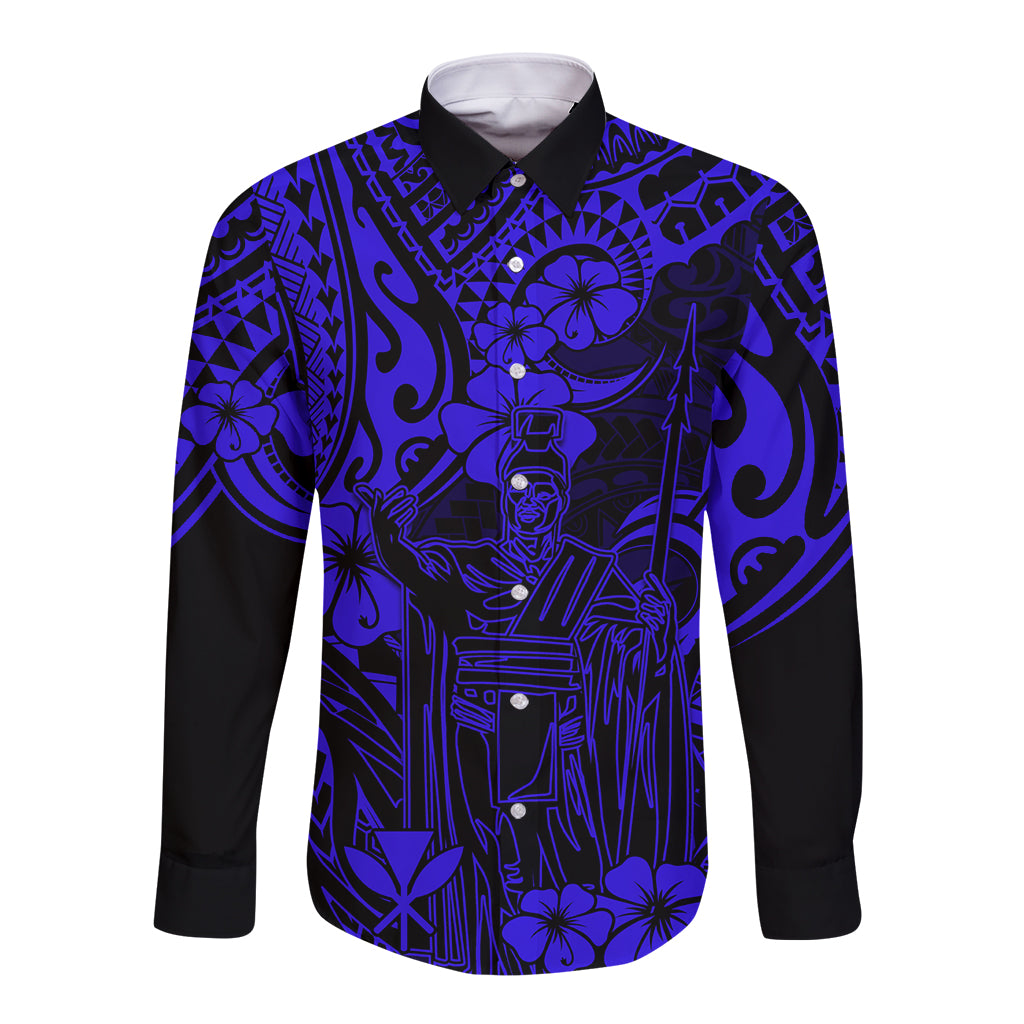 Hawaii King Kamehameha Long Sleeve Button Shirt Polynesian Pattern Navy Blue Version - Wonder Print Shop