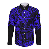 Hawaii King Kamehameha Long Sleeve Button Shirt Polynesian Pattern Navy Blue Version - Wonder Print Shop