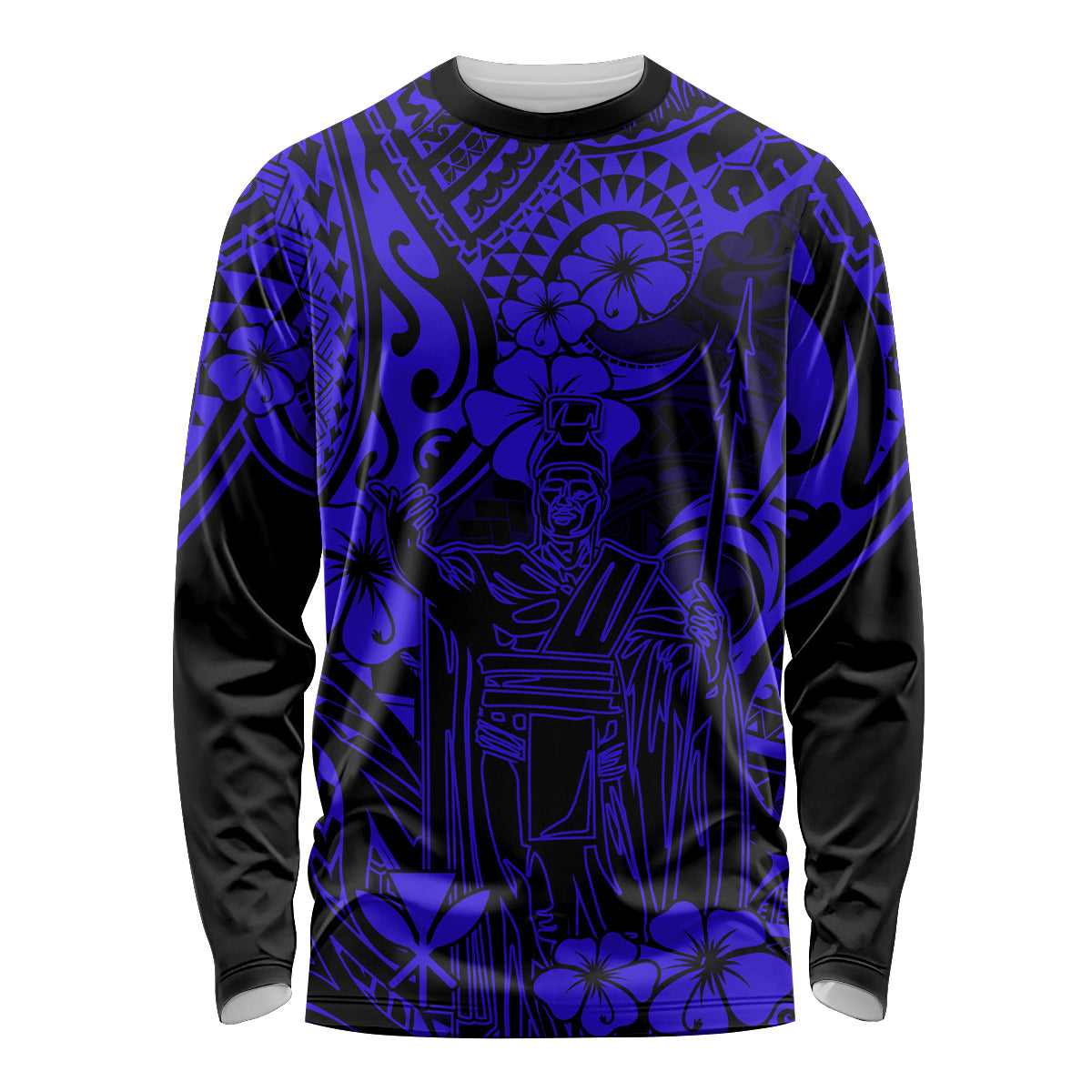 Hawaii King Kamehameha Long Sleeve Shirt Polynesian Pattern Navy Blue Version - Wonder Print Shop