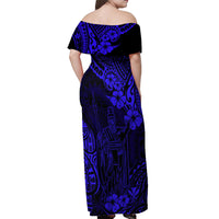 Hawaii King Kamehameha Off Shoulder Maxi Dress Polynesian Pattern Navy Blue Version - Wonder Print Shop