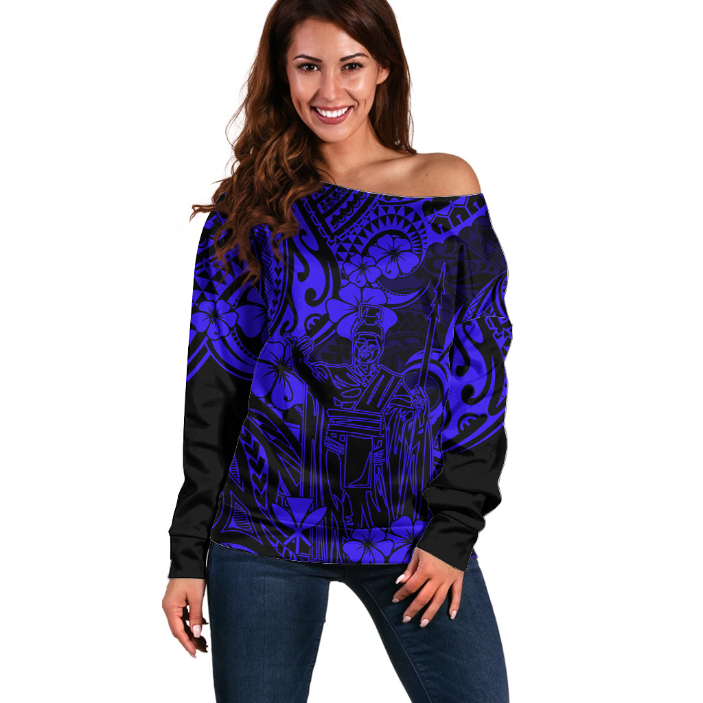 Hawaii King Kamehameha Off Shoulder Sweater Polynesian Pattern Navy Blue Version - Wonder Print Shop