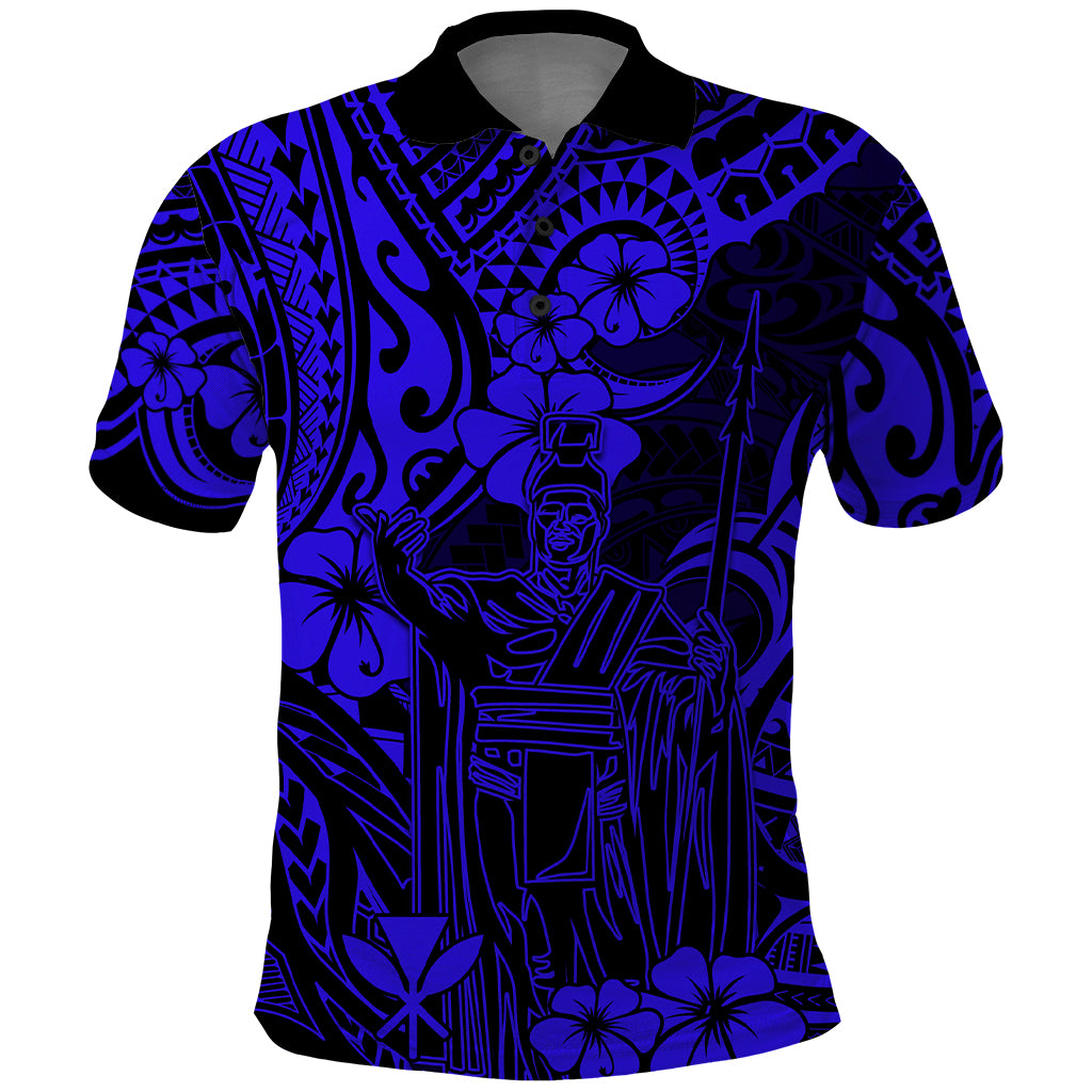 Hawaii King Kamehameha Polo Shirt Polynesian Pattern Navy Blue Version - Wonder Print Shop
