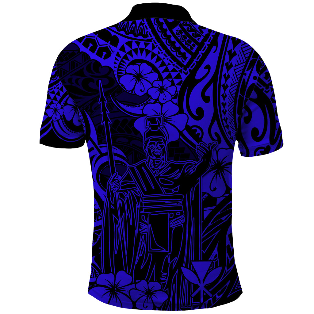 Hawaii King Kamehameha Polo Shirt Polynesian Pattern Navy Blue Version - Wonder Print Shop