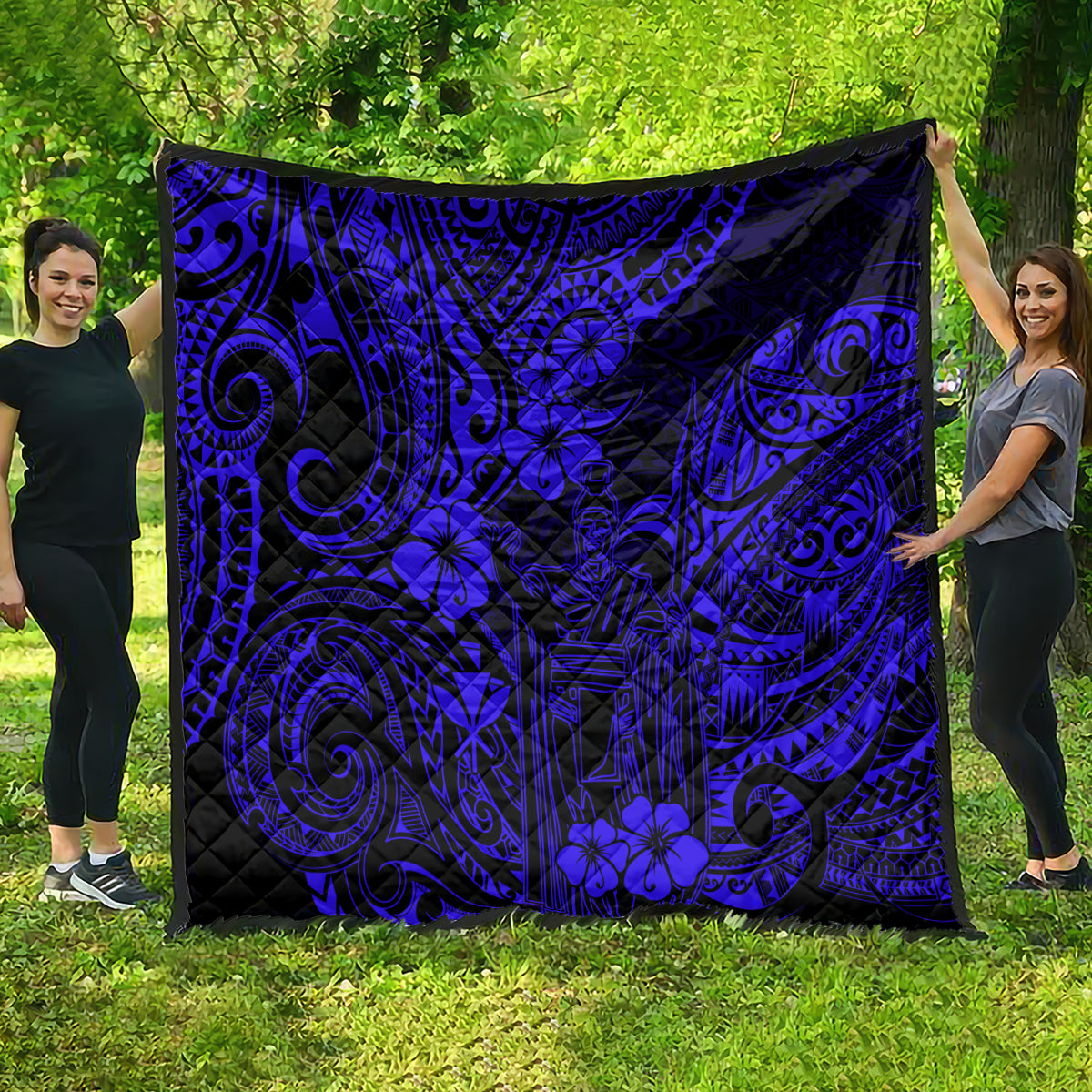 Hawaii King Kamehameha Quilt Polynesian Pattern Navy Blue Version - Wonder Print Shop