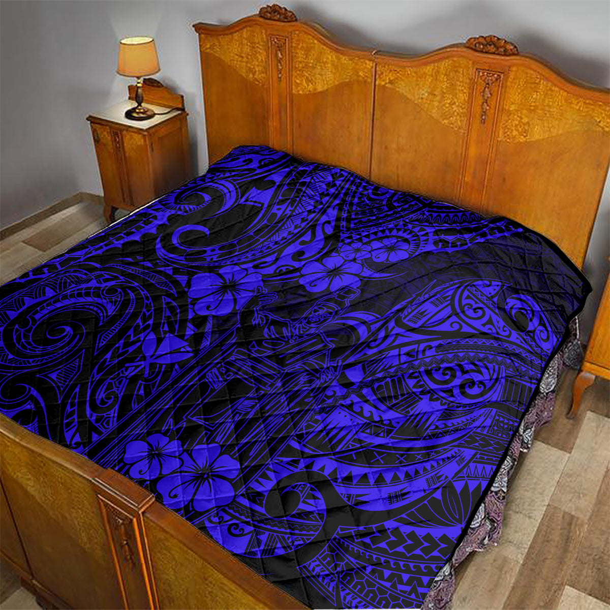 Hawaii King Kamehameha Quilt Polynesian Pattern Navy Blue Version - Wonder Print Shop