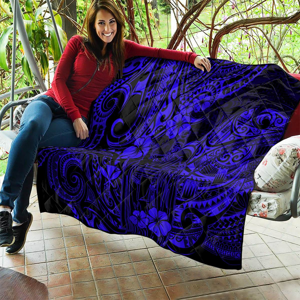 Hawaii King Kamehameha Quilt Polynesian Pattern Navy Blue Version - Wonder Print Shop