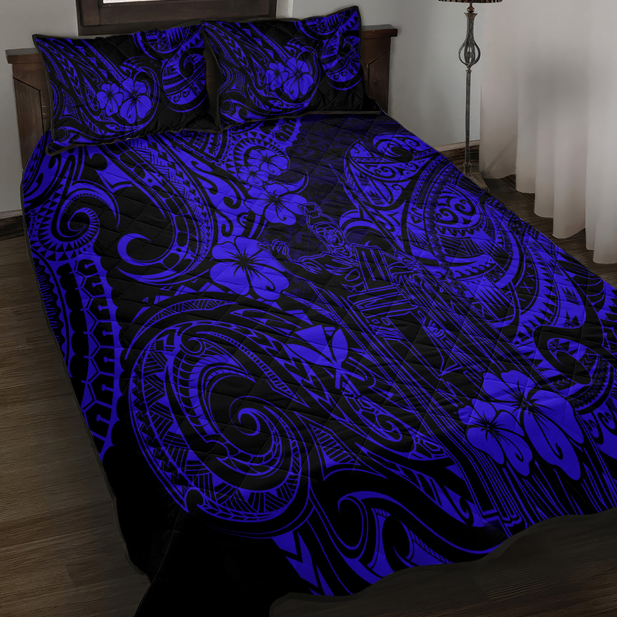 Hawaii King Kamehameha Quilt Bed Set Polynesian Pattern Navy Blue Version - Wonder Print Shop