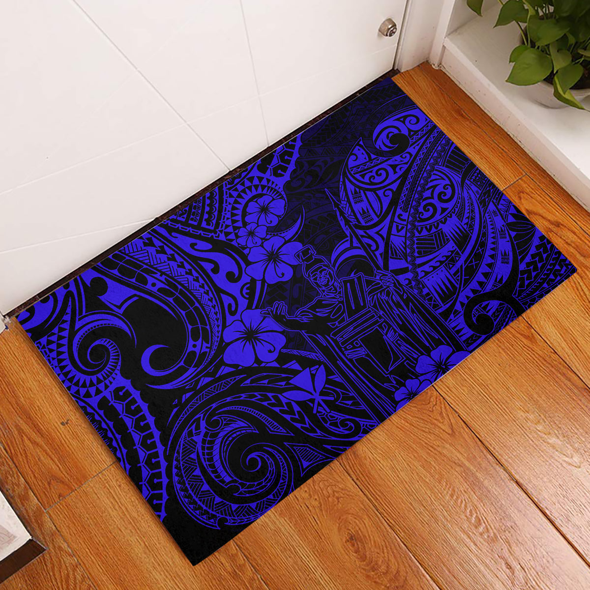 Hawaii King Kamehameha Rubber Doormat Polynesian Pattern Navy Blue Version - Wonder Print Shop