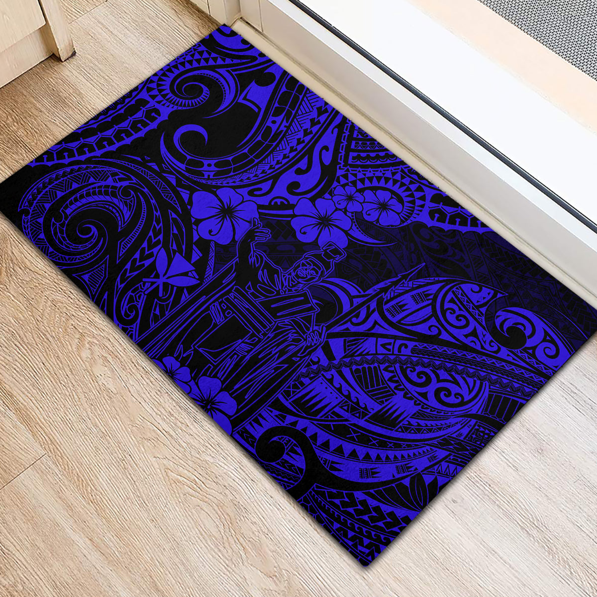 Hawaii King Kamehameha Rubber Doormat Polynesian Pattern Navy Blue Version - Wonder Print Shop