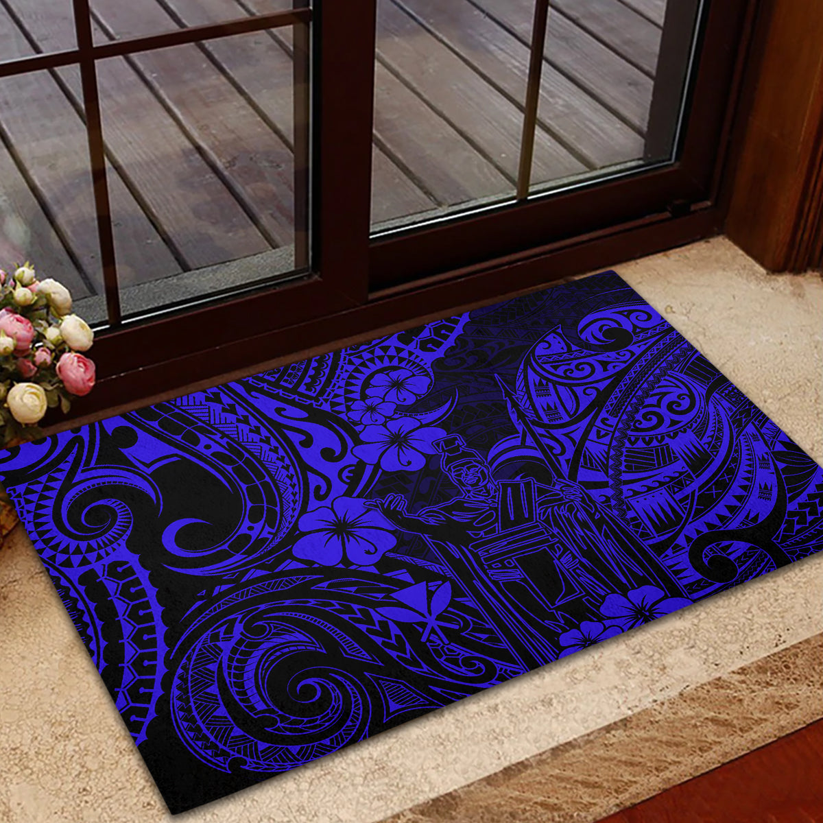 Hawaii King Kamehameha Rubber Doormat Polynesian Pattern Navy Blue Version - Wonder Print Shop