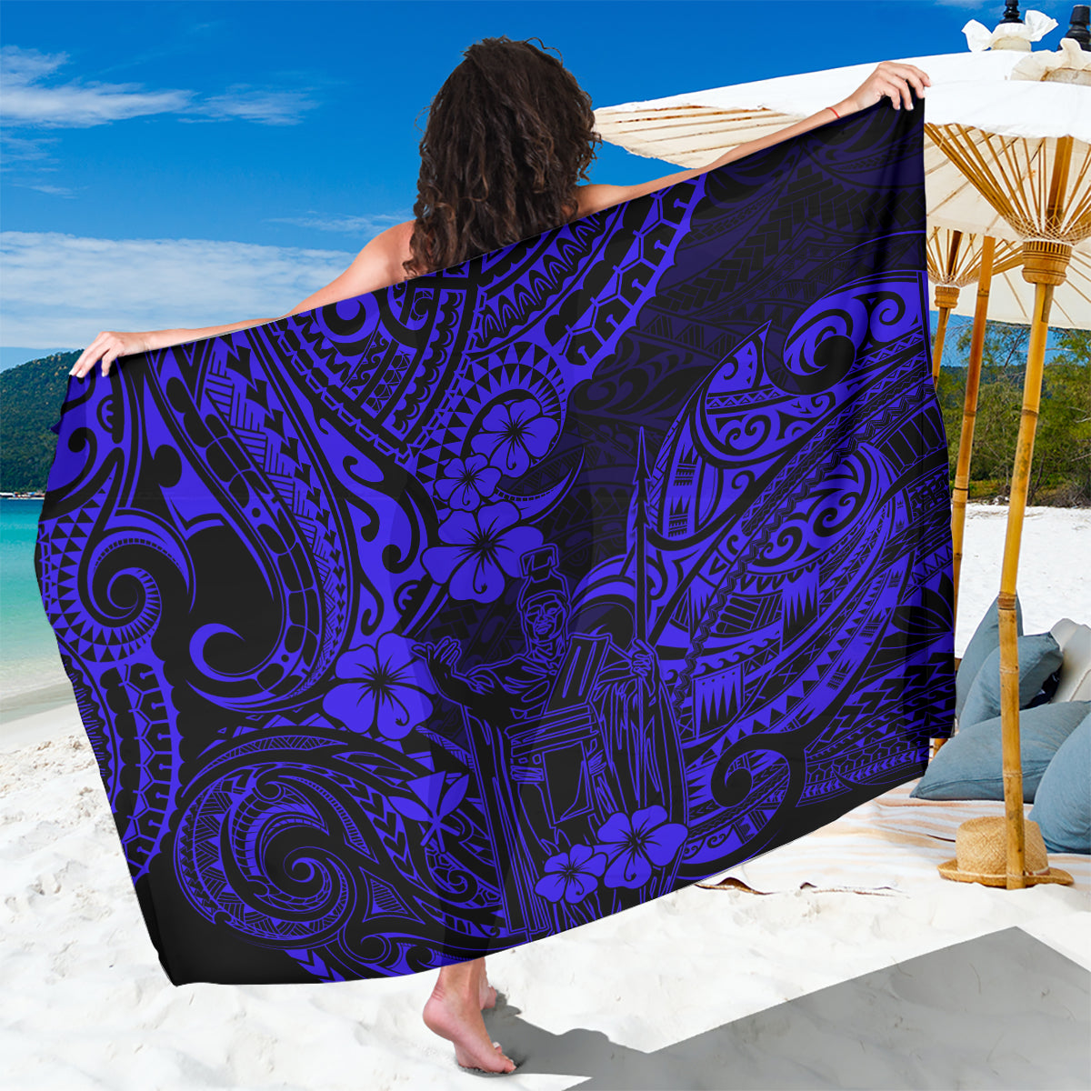 Hawaii King Kamehameha Sarong Polynesian Pattern Navy Blue Version - Wonder Print Shop