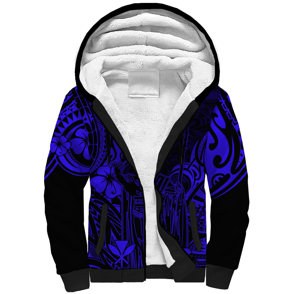 Hawaii King Kamehameha Sherpa Hoodie Polynesian Pattern Navy Blue Version - Wonder Print Shop