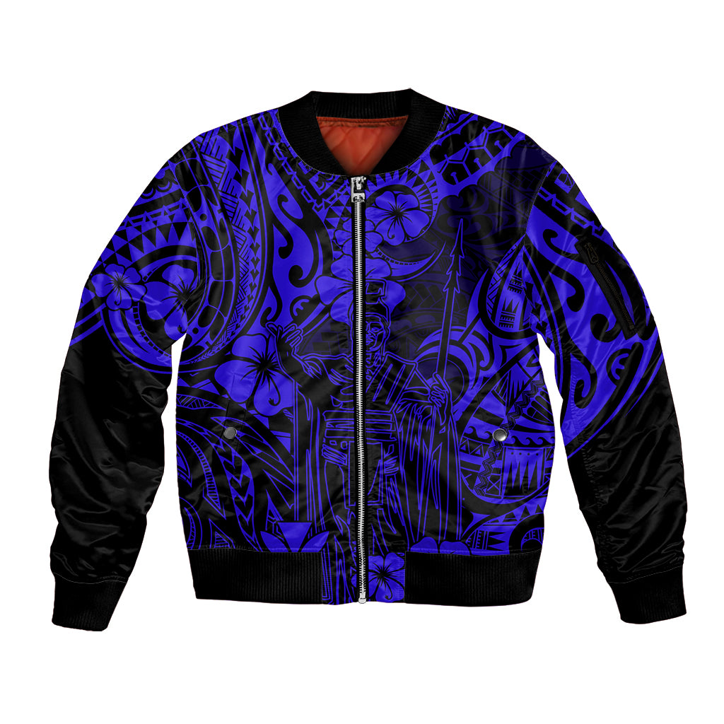 Hawaii King Kamehameha Sleeve Zip Bomber Jacket Polynesian Pattern Navy Blue Version - Wonder Print Shop