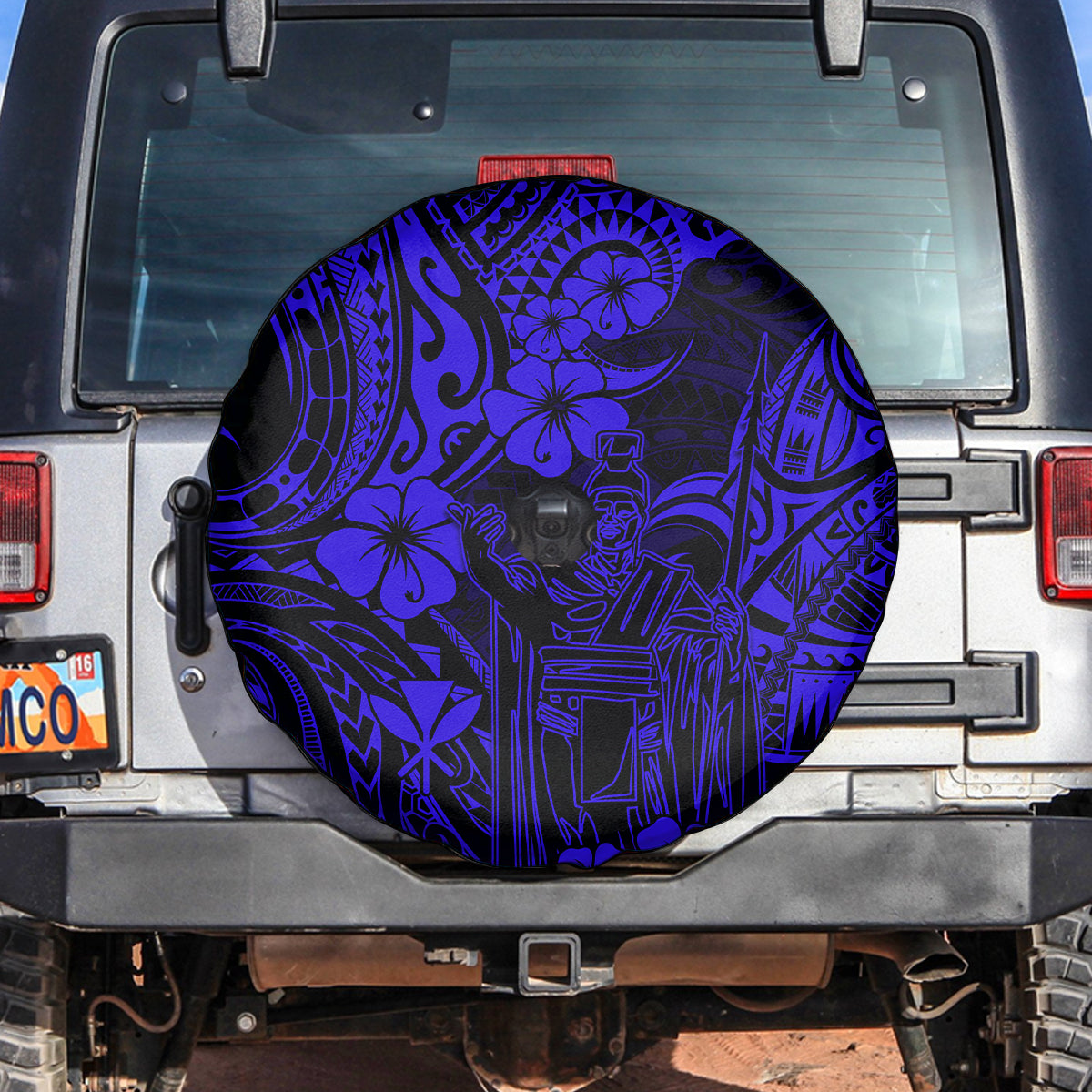 Hawaii King Kamehameha Spare Tire Cover Polynesian Pattern Navy Blue Version - Wonder Print Shop