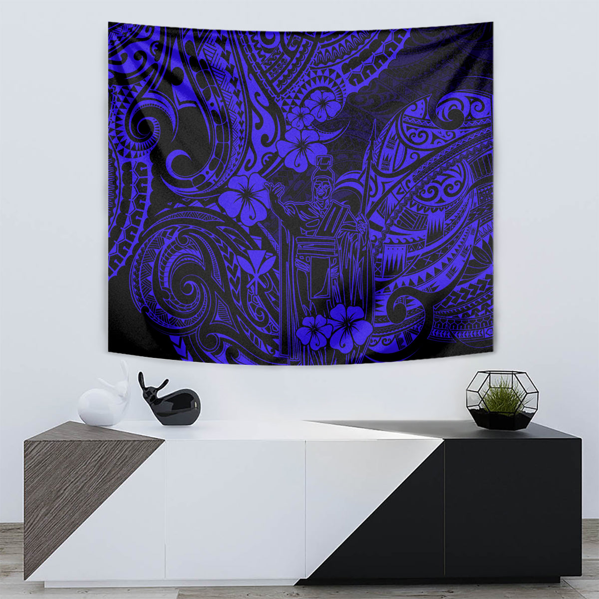 Hawaii King Kamehameha Tapestry Polynesian Pattern Navy Blue Version - Wonder Print Shop