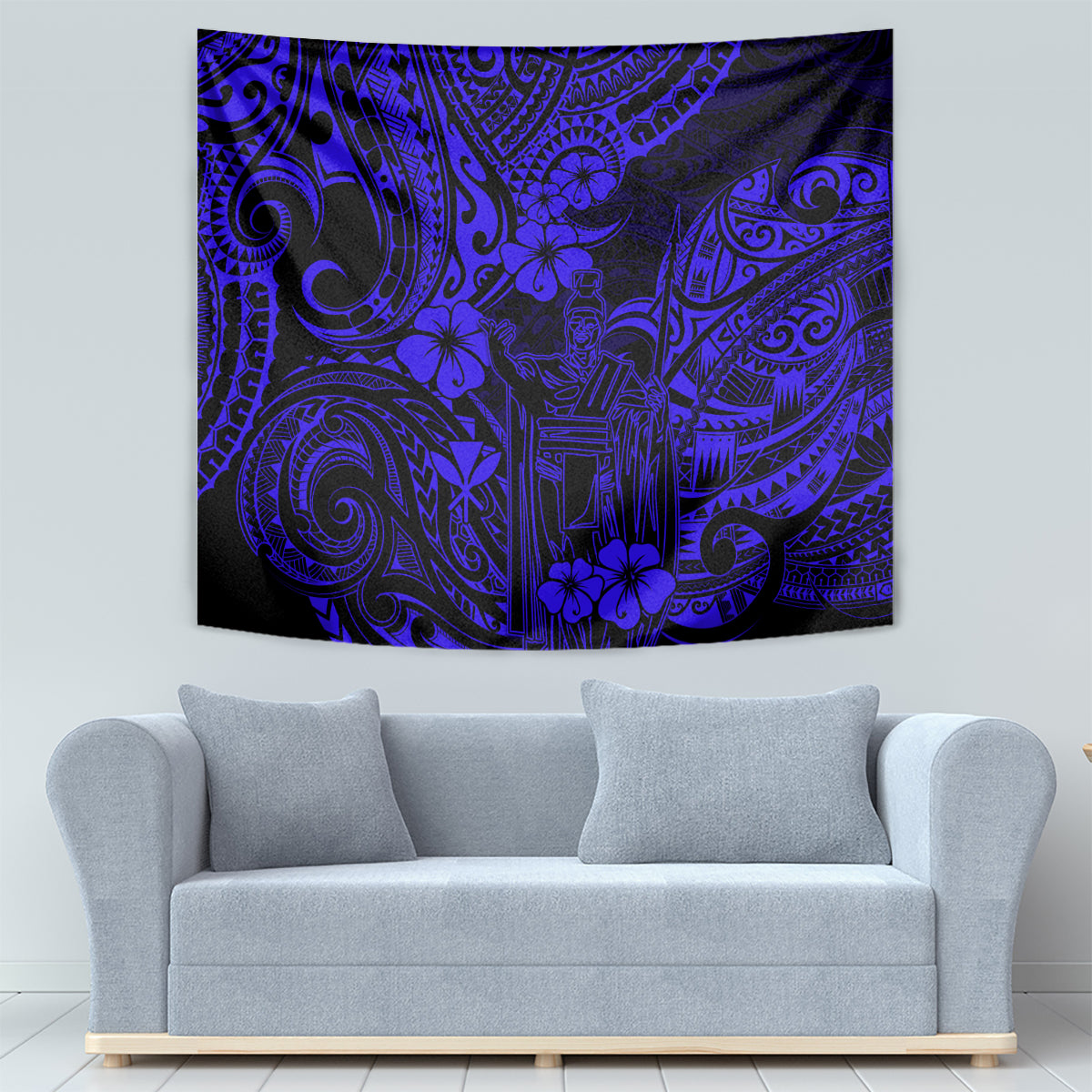 Hawaii King Kamehameha Tapestry Polynesian Pattern Navy Blue Version - Wonder Print Shop