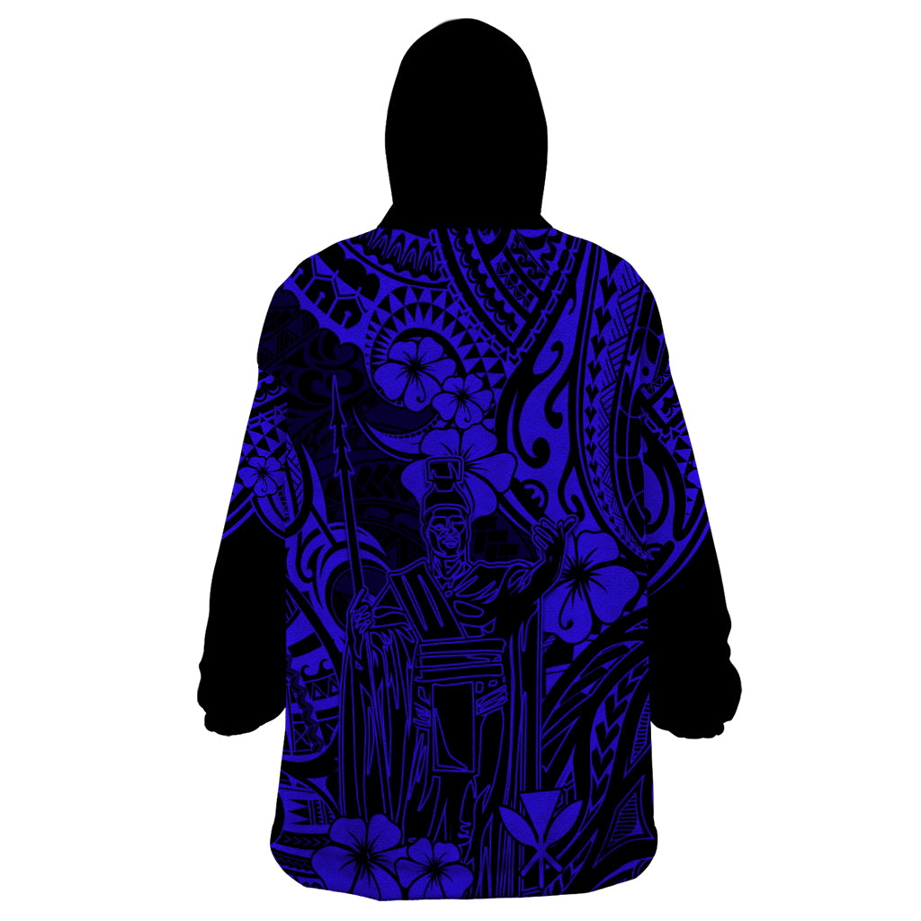 Hawaii King Kamehameha Wearable Blanket Hoodie Polynesian Pattern Navy Blue Version - Wonder Print Shop