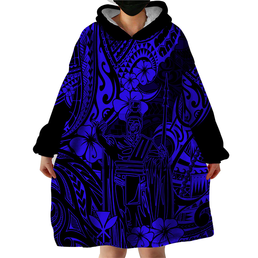 Hawaii King Kamehameha Wearable Blanket Hoodie Polynesian Pattern Navy Blue Version - Wonder Print Shop