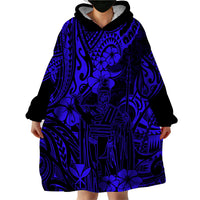 Hawaii King Kamehameha Wearable Blanket Hoodie Polynesian Pattern Navy Blue Version - Wonder Print Shop