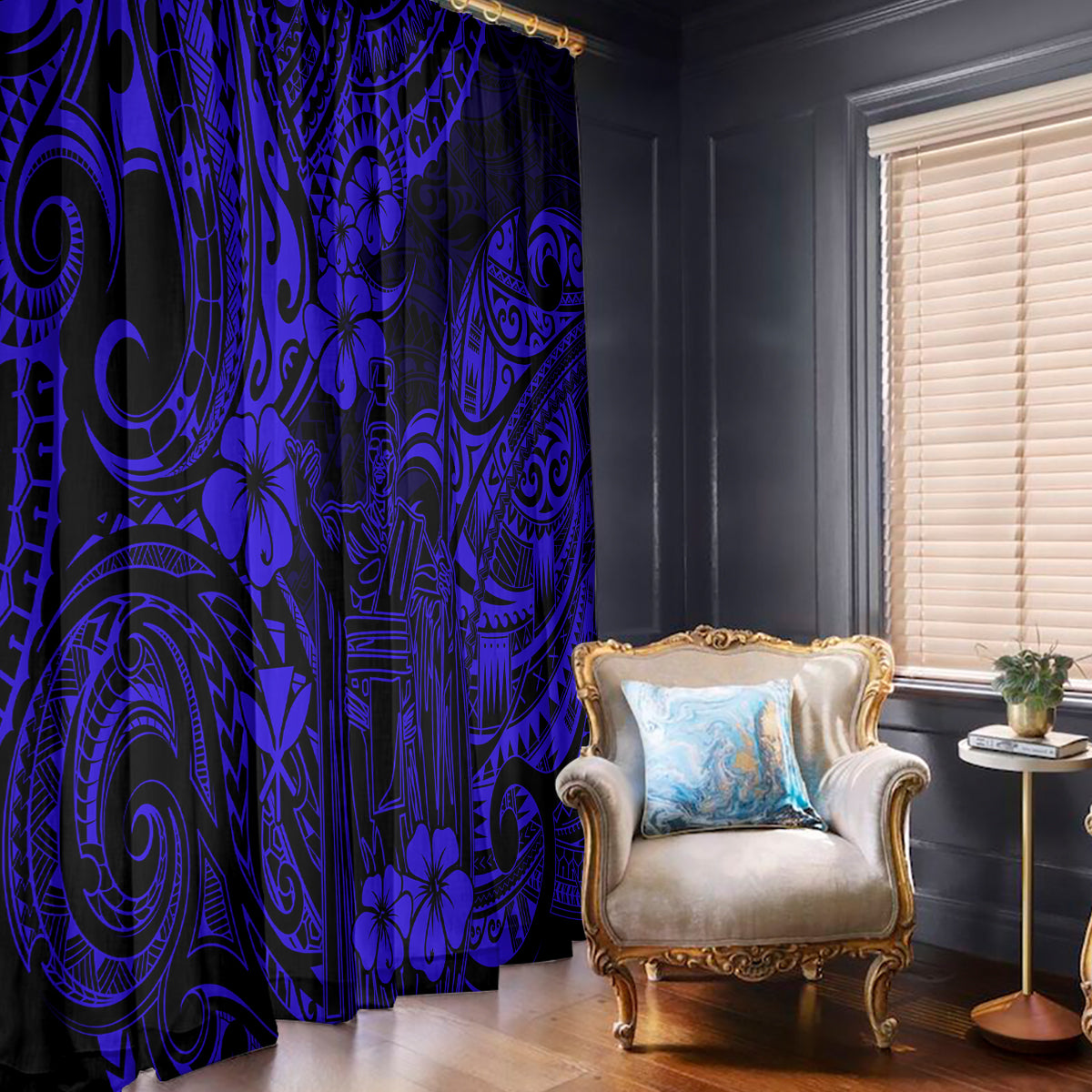 Hawaii King Kamehameha Window Curtain Polynesian Pattern Navy Blue Version - Wonder Print Shop