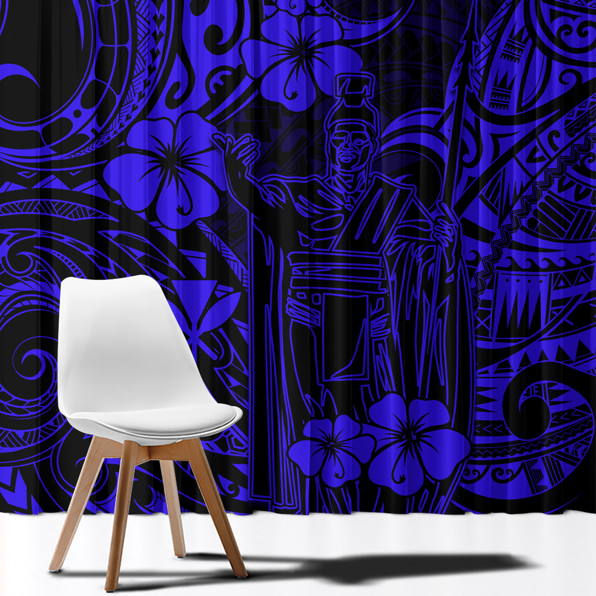Hawaii King Kamehameha Window Curtain Polynesian Pattern Navy Blue Version - Wonder Print Shop
