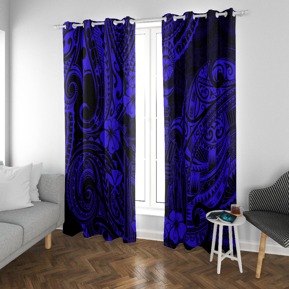 Hawaii King Kamehameha Window Curtain Polynesian Pattern Navy Blue Version - Wonder Print Shop