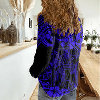 Hawaii King Kamehameha Women Casual Shirt Polynesian Pattern Navy Blue Version - Wonder Print Shop