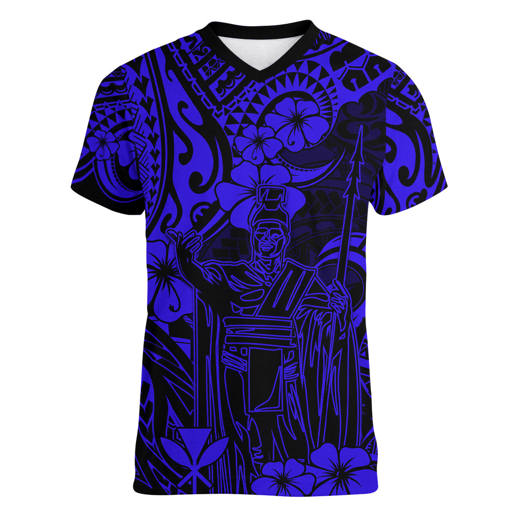 Hawaii King Kamehameha Women V Neck T Shirt Polynesian Pattern Navy Blue Version - Wonder Print Shop