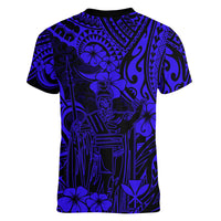 Hawaii King Kamehameha Women V Neck T Shirt Polynesian Pattern Navy Blue Version - Wonder Print Shop