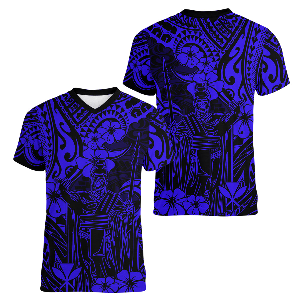 Hawaii King Kamehameha Women V Neck T Shirt Polynesian Pattern Navy Blue Version - Wonder Print Shop