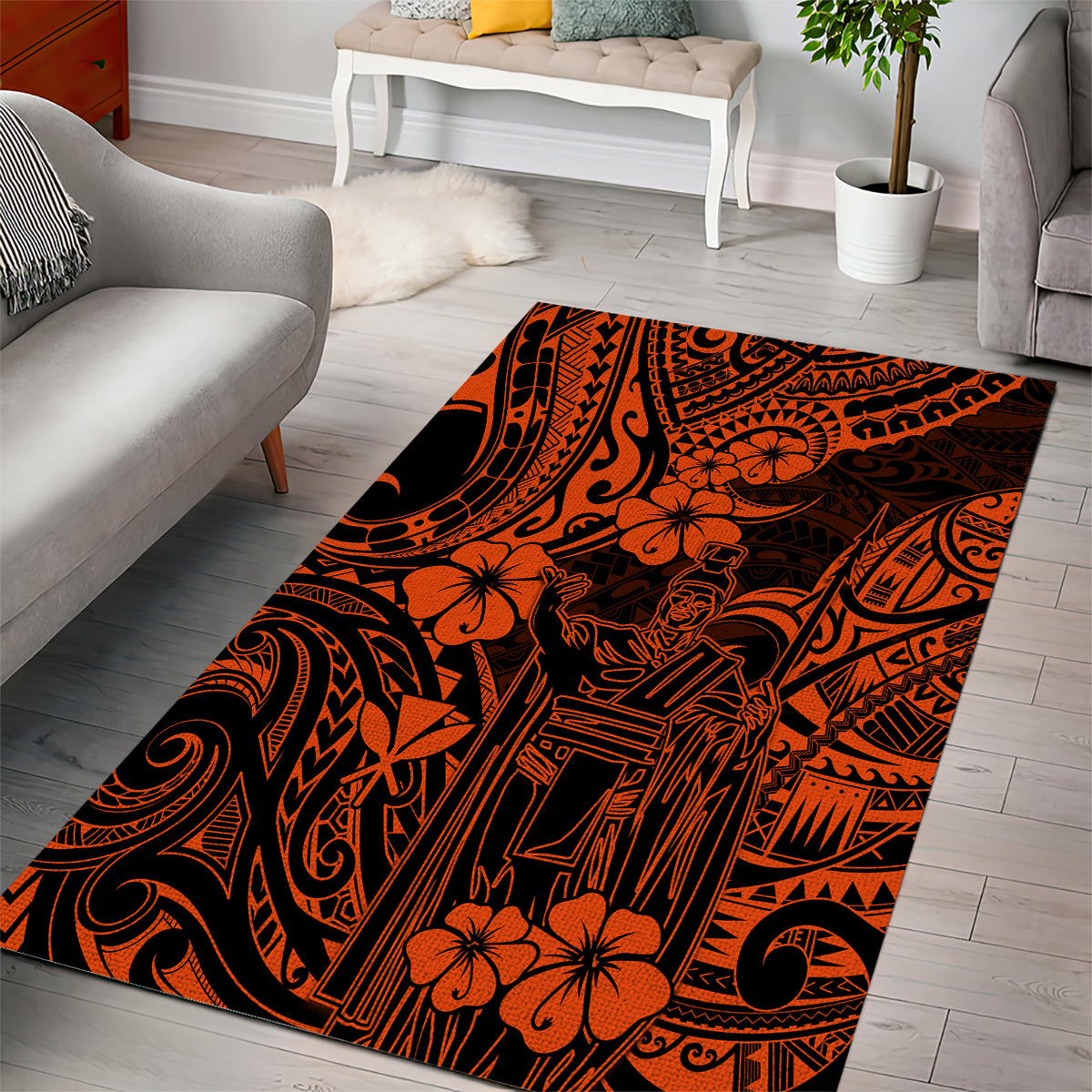 Hawaii King Kamehameha Area Rug Polynesian Pattern Orange Version - Wonder Print Shop