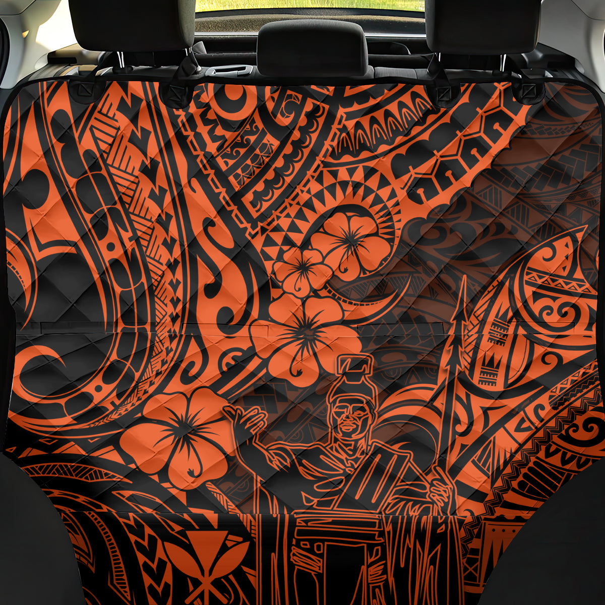Hawaii King Kamehameha Back Car Seat Cover Polynesian Pattern Orange Version - Wonder Print Shop